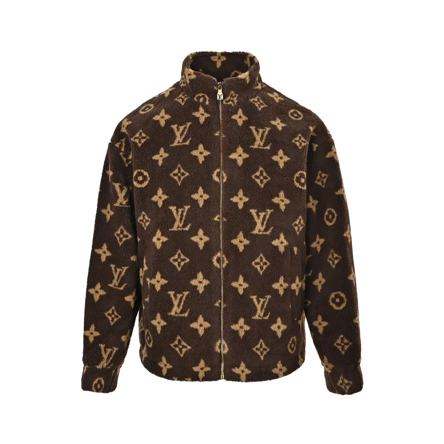 Louis Vuitton/Louis Vuitton dark brown all-over printed old flower Teddy polar fleece stand-up collar jacket